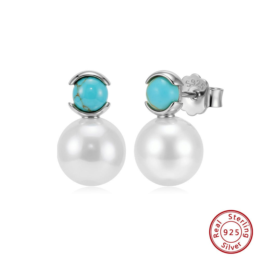 Kemstone Turquoise Freshwater Pearl Stud Earrings for Women 925 Sterling Silver MPE08