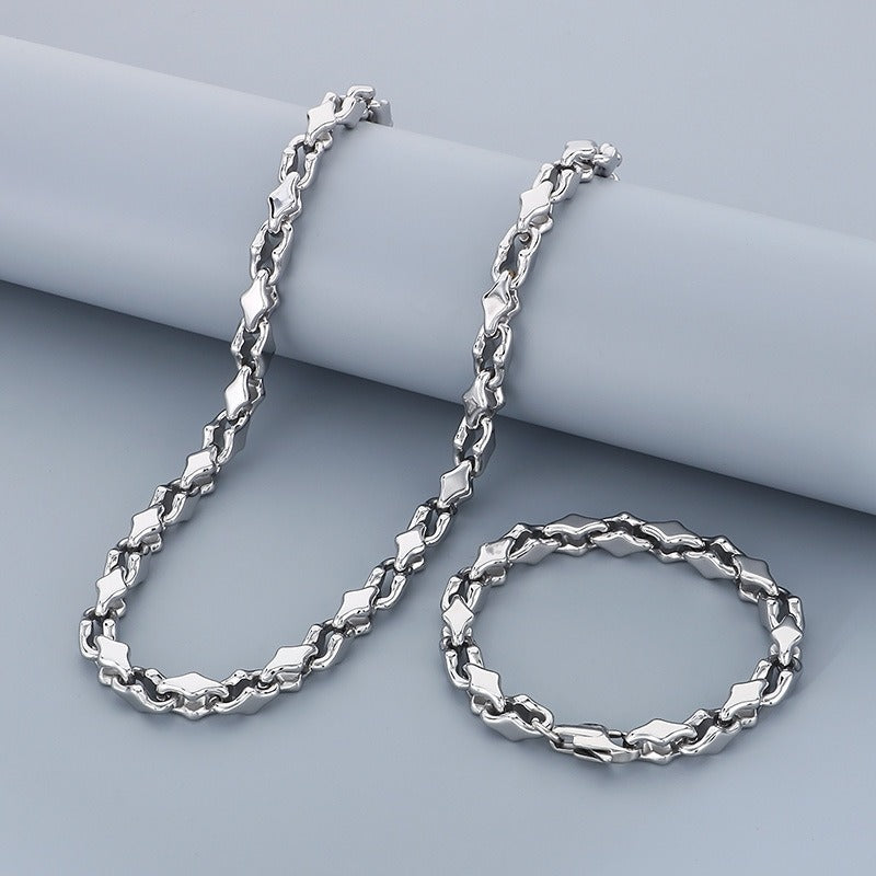 Kemstone Steel Link Jewelry Set – Men’s Hip-Hop Chain Necklace & Bracelet with Geometric Links