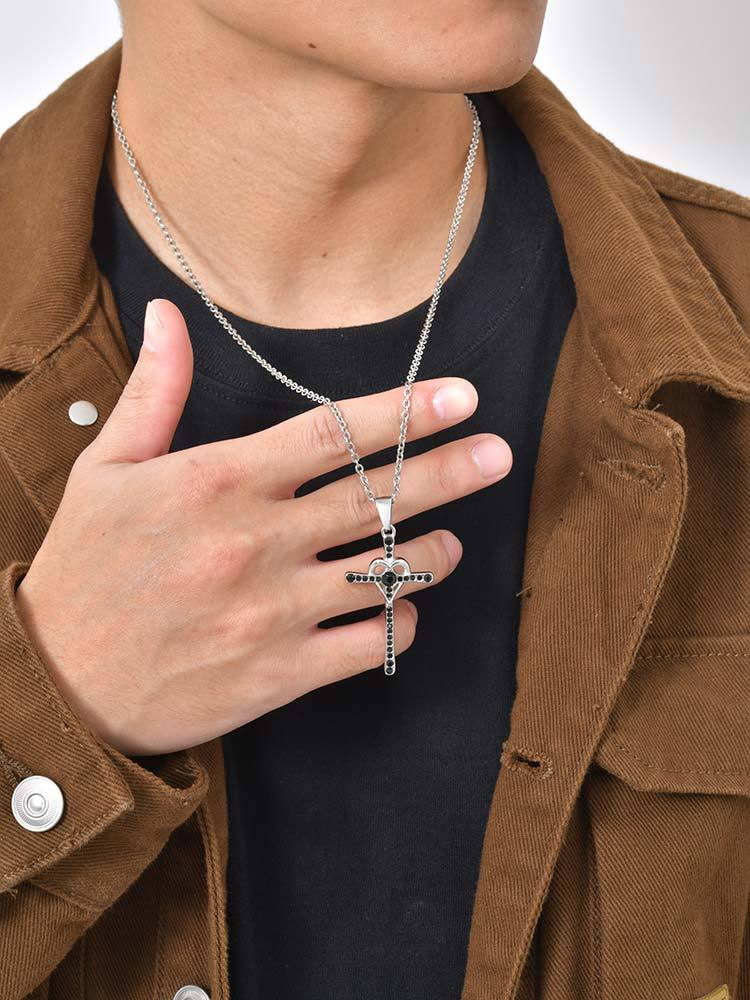 Kemstone Cross Pendant Necklace for Men Stainless Steel Black Cubic Zirconia Heart Curve Chain PN-2268S