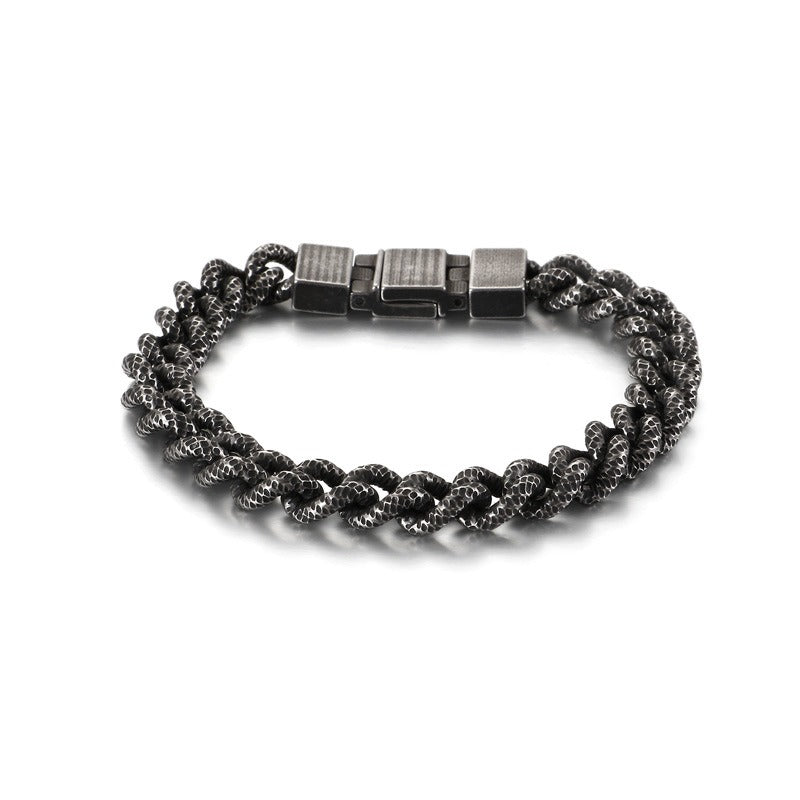 Kemstone Retro Hammered Barbell Titanium Steel Bracelet for Men: Vintage Style with Double Chain Detail KB123280