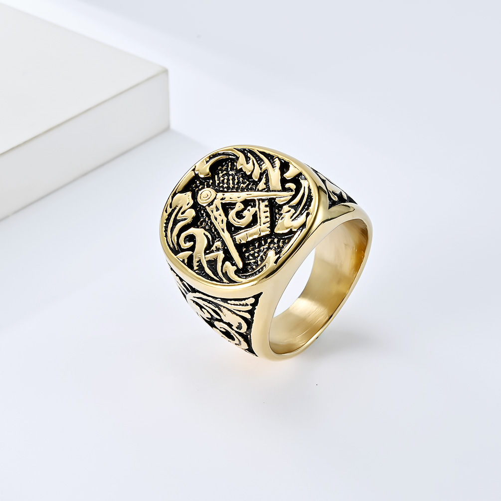 Kemstone Men’s Stainless Steel Ring – Vintage Masonic-Style Design K-R751