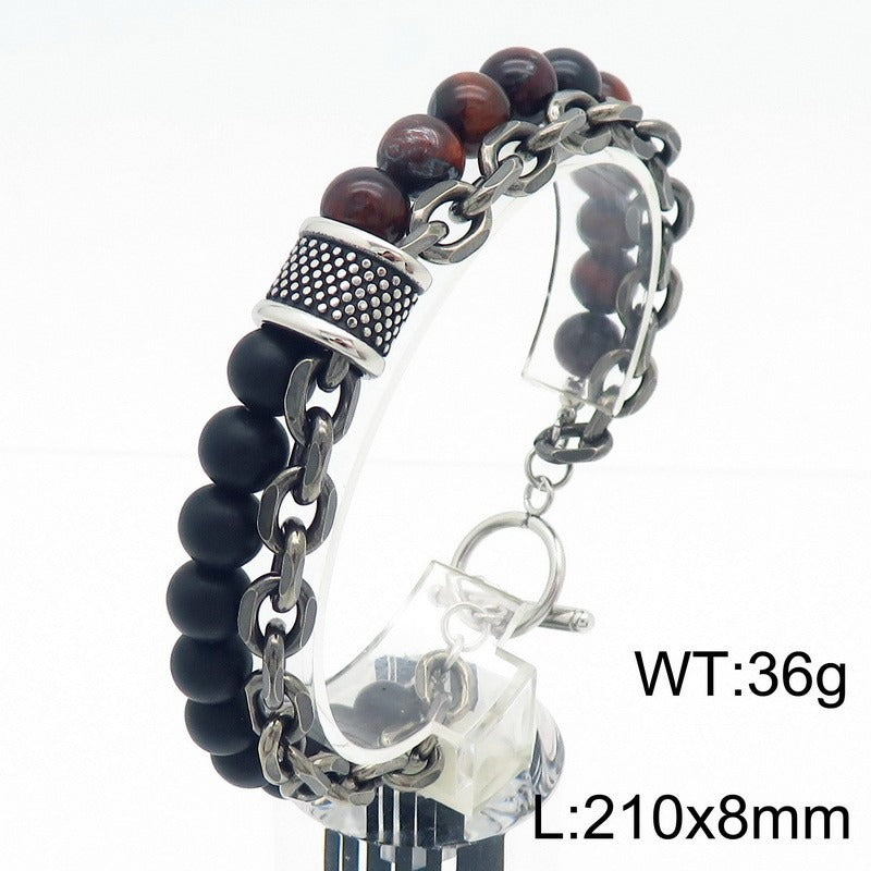 Kemstone Tiger Eye & Turquoise Bead Bracelet – Dual-Layer Steel Chain Men’s Jewelry with Vintage Map Stone Vibe KB182645