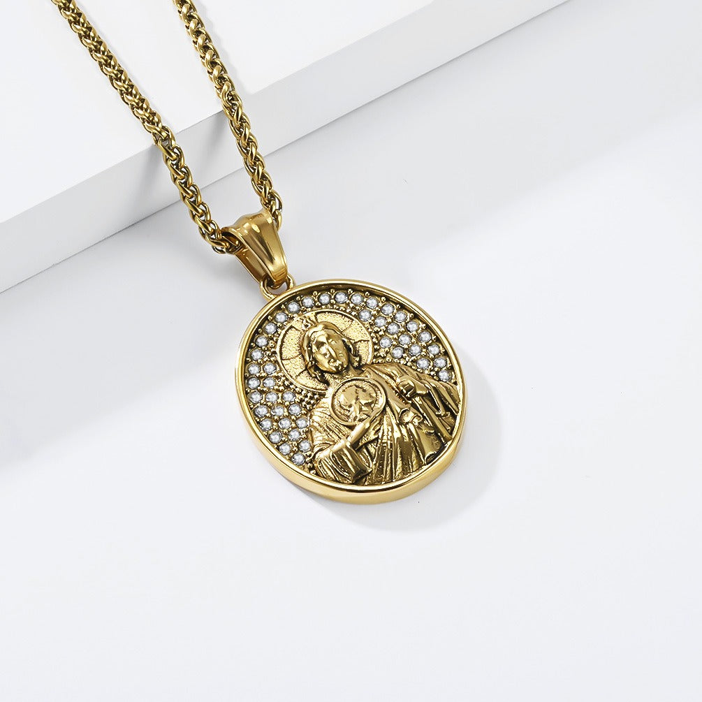 Kemston Round Portrait Pendant Necklace for Men Stainless Steel Vintage Relief Detail K-PT731