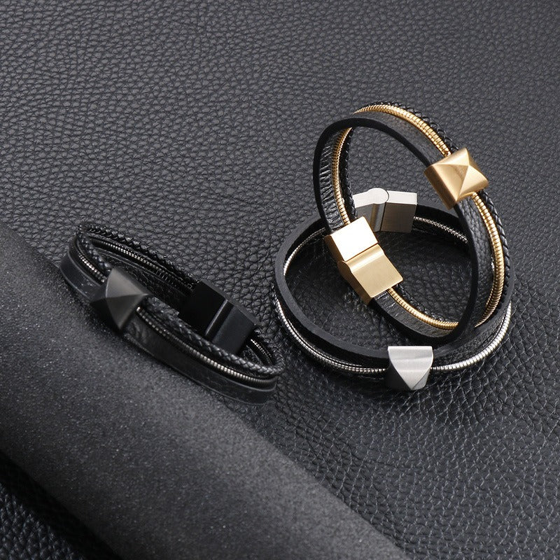 Kemstone Men’s Titanium Steel Leather Bracelet – Gold Snake Chain Wristband KB147381