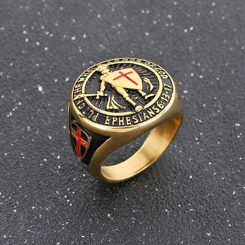 Anello con croce e scudo templare - Sigillo in acciaio inossidabile con armatura smaltata rossa | Gothic Street Faith KR112563