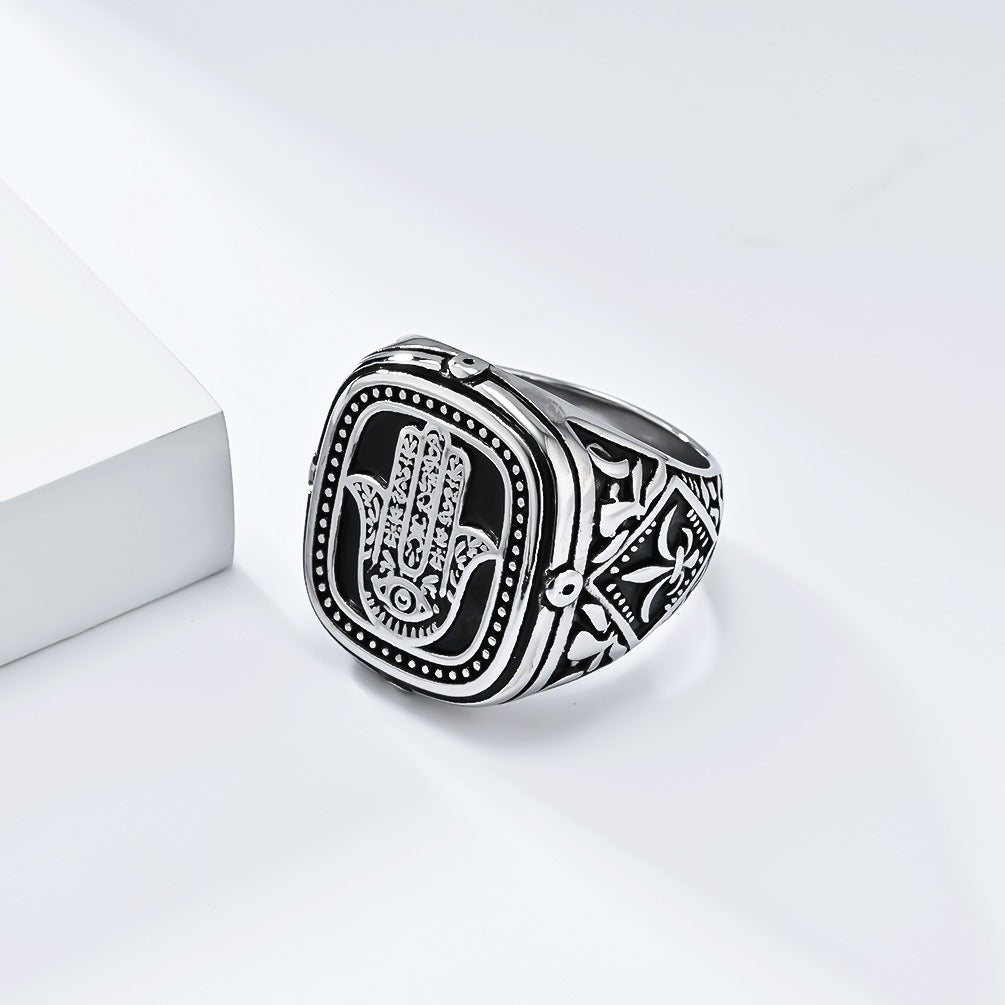Kemstone Men’s Stainless Steel Hamsa Hand Ring – Vintage Protection Jewelry K-R904