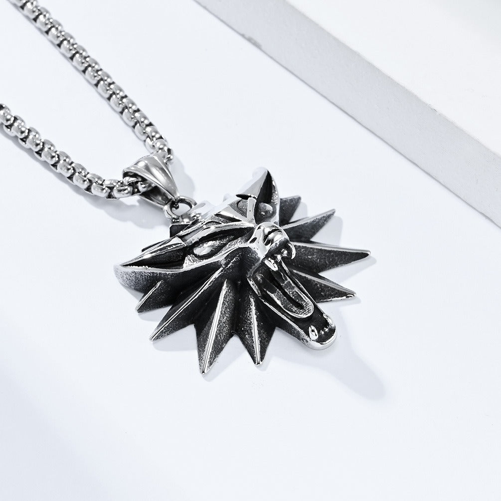 Kemstone Men’s Titanium Steel Wolf Head Pendant Necklace – Witcher Inspired K-PT552