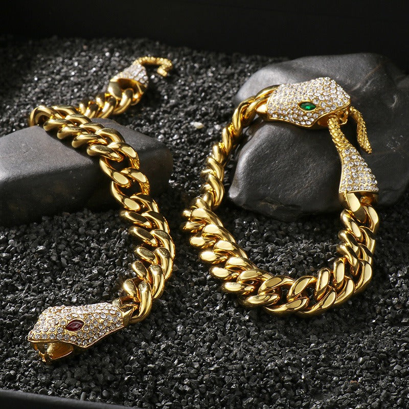 Kemstone Titanium Steel Cuban Chain Bracelet – Double-Sided Polished Hip Hop Snake Head, Green or Red Eyes KB185251