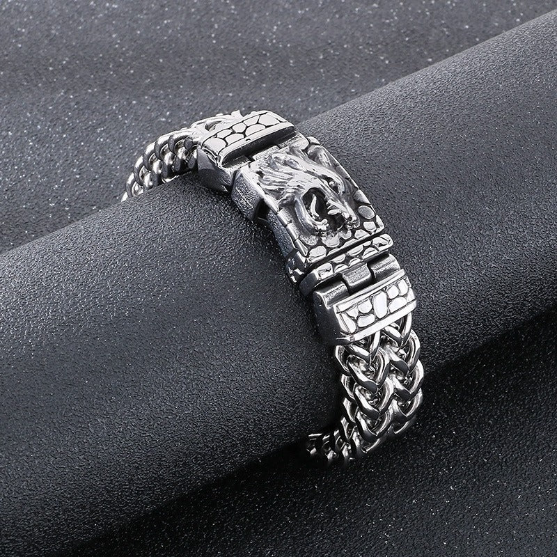 Bracciale in acciaio inossidabile con testa di lupo - Catena punk norrena da 16 mm | Chiusura gotica resistente KB184384