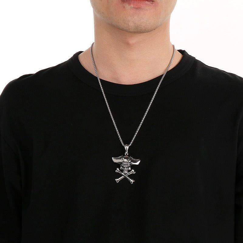 Kemstone Pirate Skull Pendant for Men – Punk Rock Sparrow & Anchor Necklace in Vintage Stainless Steel KP79431-BD