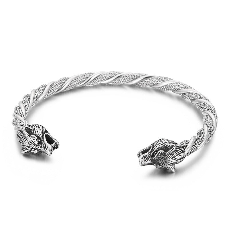 Kemstone Dual Wolf-Head Titanium Steel Punk Bracelet – Bold Men's Accessory KB152065