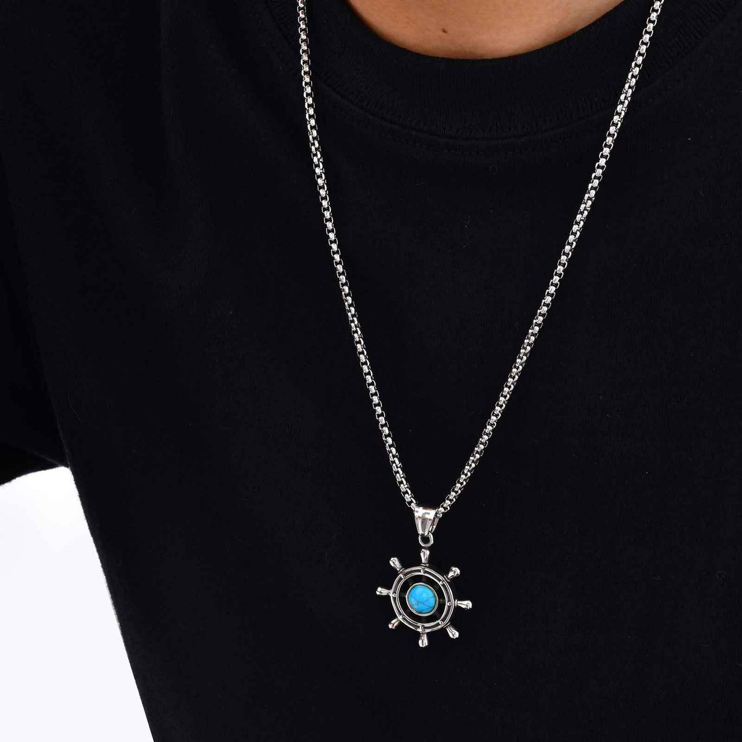 Kemstone Men’s Turquoise Pendant Necklace – Stainless Steel Ship Wheel Pendant PN-2234