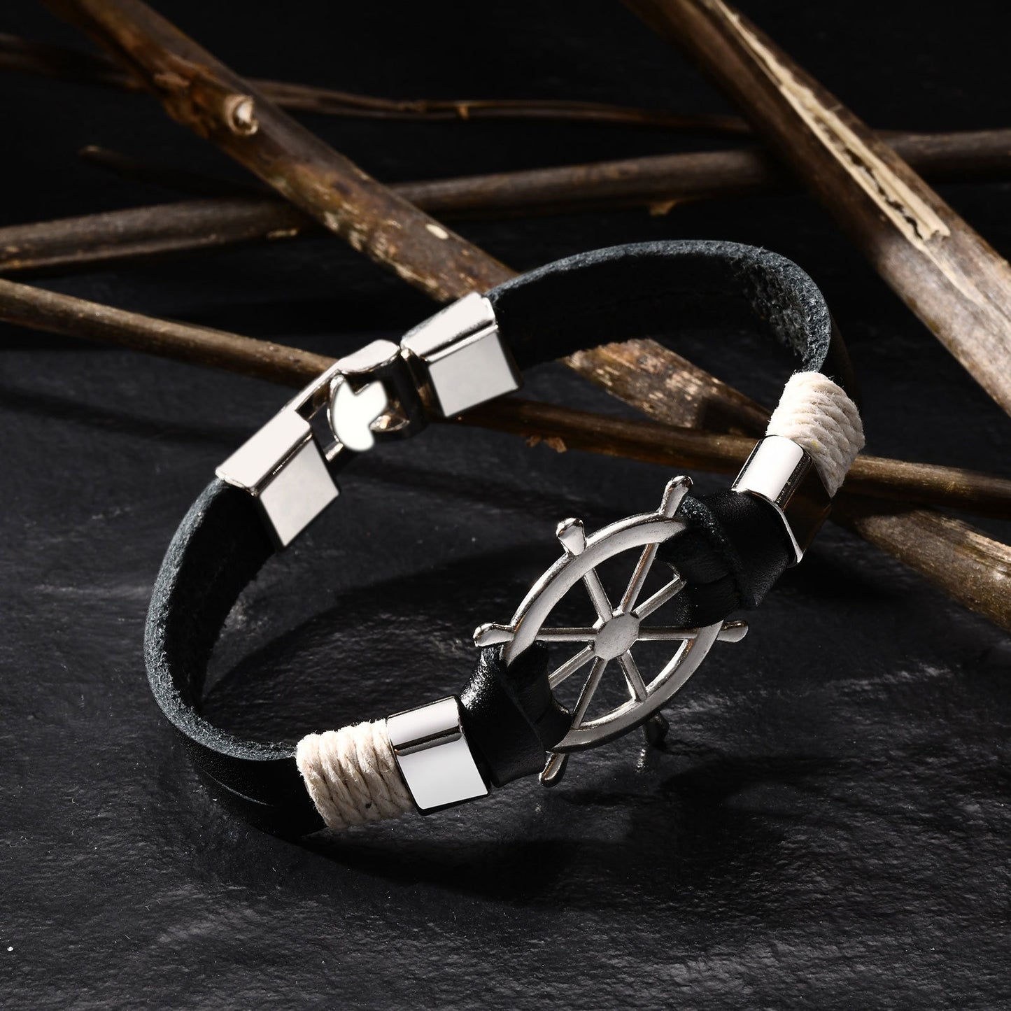 Kemstone Zinc Alloy Ship's Wheel Handwoven Bracelet - Bold Black Men's Urban Edge Accessory BL289