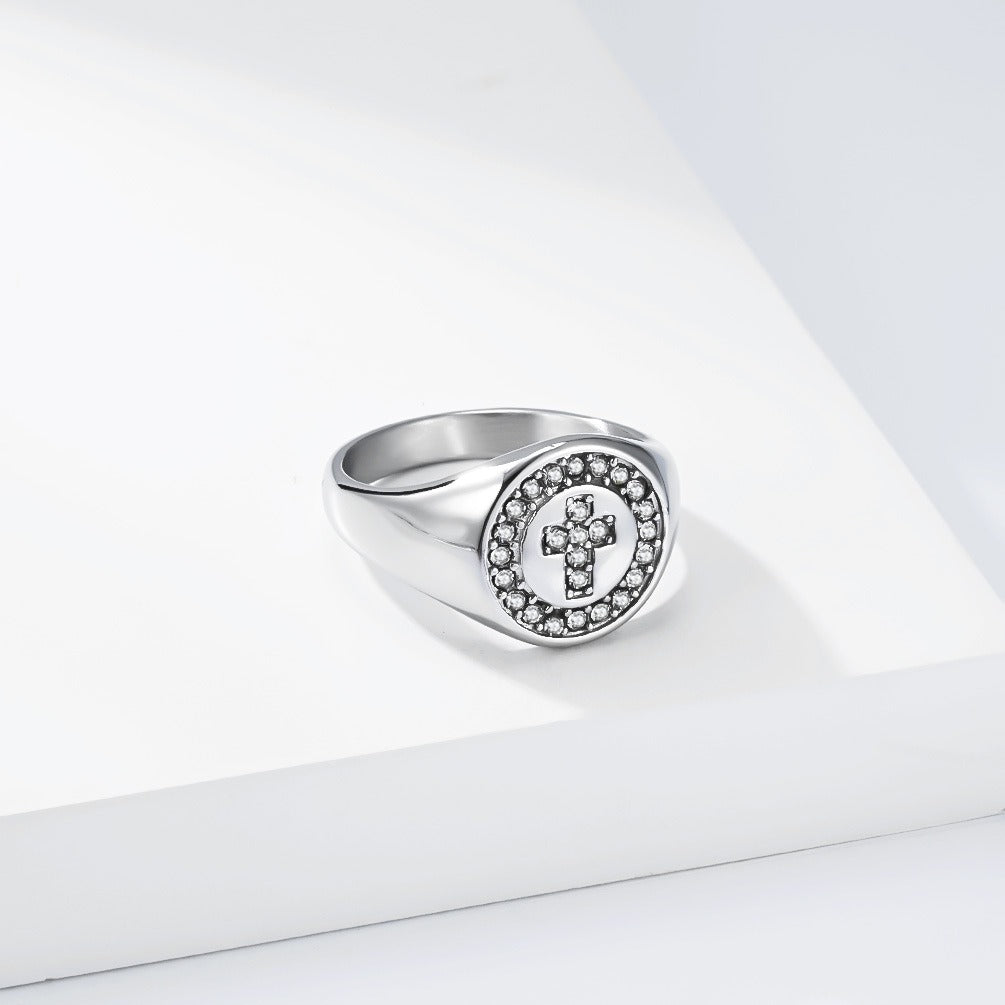 Kemstone Stainless Steel Cross Signet Ring with Cubic Zirconia Halo for Men & Women Gold Silver K-R1139