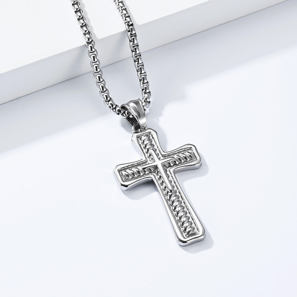 Kemstone Stainless Steel Layered Cross Pendant Necklace Rope Texture Detail for Men K-PT716