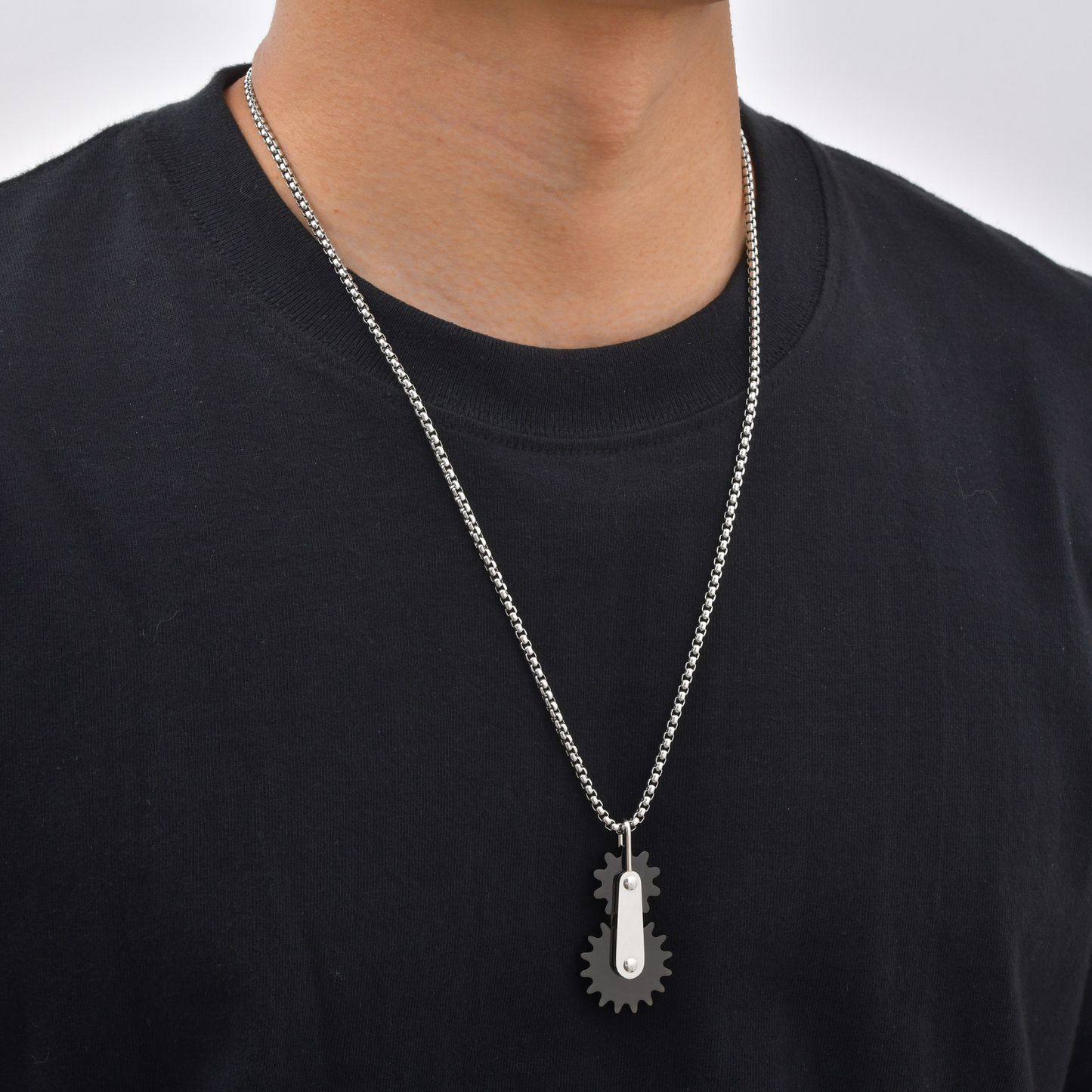 Kemston Stainless Steel Dual Gear Pendant Necklace for Men Mechanical Street PN-2408