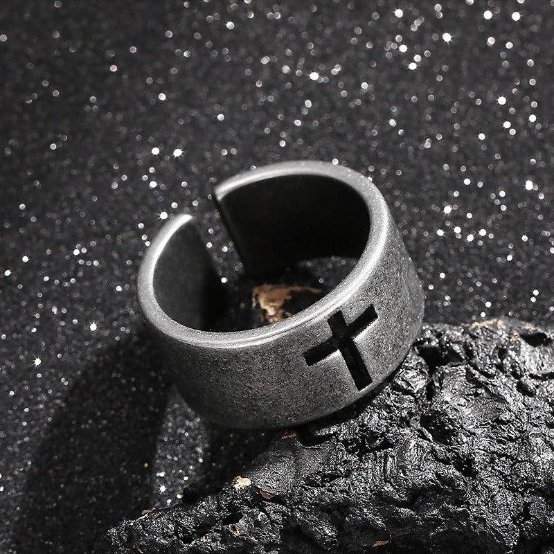 Kemstone Gothic Cross Adjustable Ring – Distressed Titanium Steel Openwork Men’s Jewelry KR104680