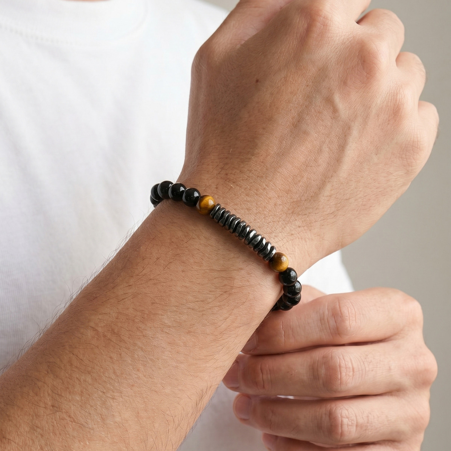 Kemston Stainless Steel Tiger Eye Beaded Bracelet for Men Black Onyx Hematite Stone Adjustable BR-2919