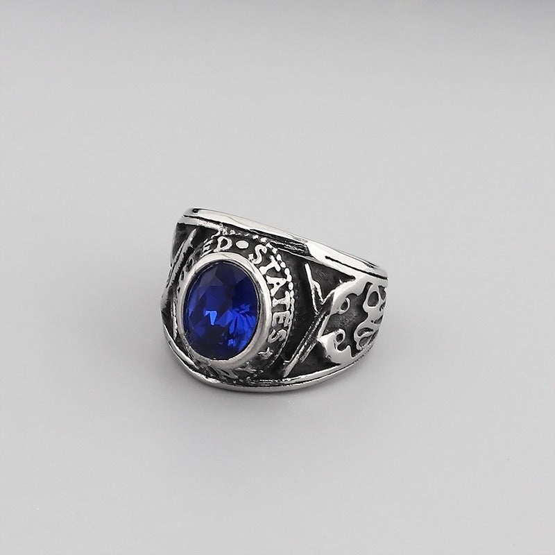 Kemstone Eagle Ring with Red/Blue Gemstones – Titanium Steel Punk Jewelry for Men | Gothic Streetwear Style KR45098-K