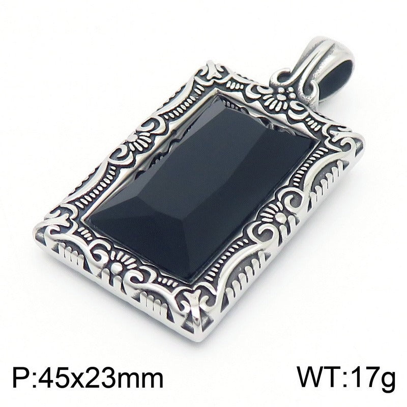 Kemstone Vintage Square Pendant – Titanium Steel Necklace with Scrollwork & Blue-Black Stone | Gothic Street Style for Men KP130520-TGX
