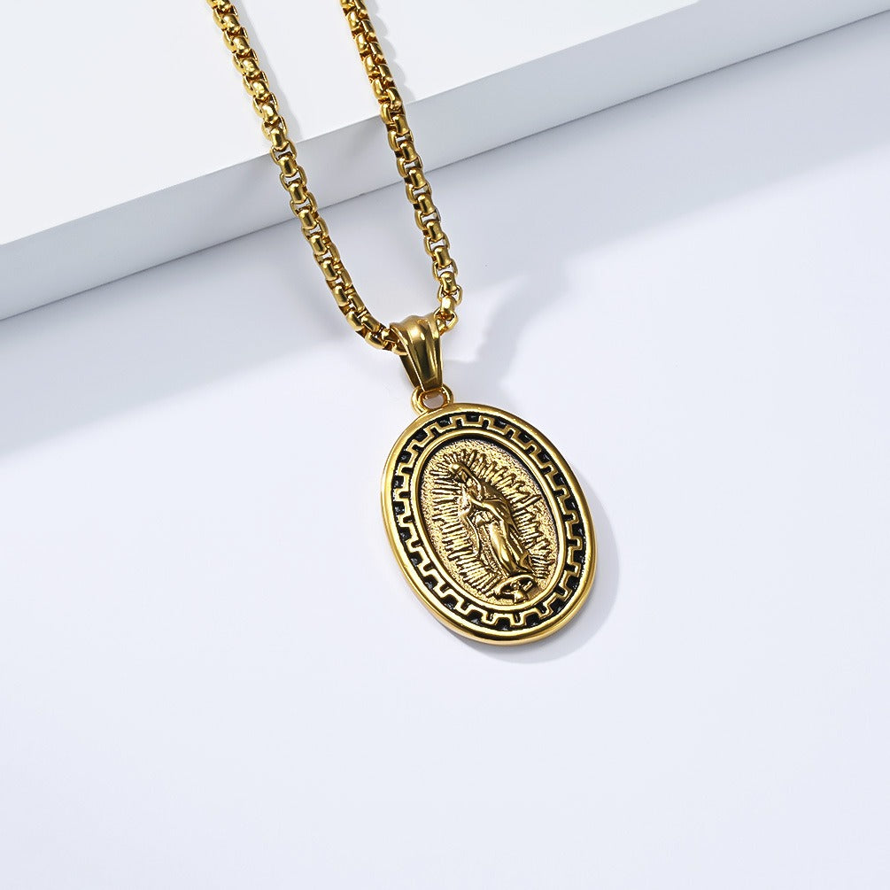 Kemstone Stainless Steel Guardian Figure Oval Pendant Necklace for Men K-PT689