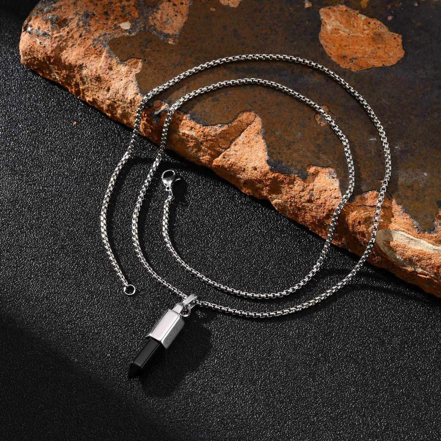 Kemstone Men’s Stainless Steel Bullet Pendant Necklace – Tiger Eye & Black Agate Minimalist Jewelry PN-2227