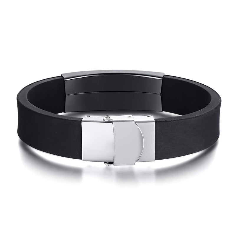 Kemstone Silicone & Stainless Steel Bracelet – Engravable Curved Plate Men’s Wristband BS-076