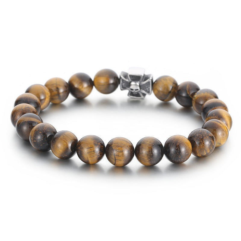 Kemstone Black Onyx Skull Bracelet – Gothic Cross, Howlite & Tiger Eye Beads with Adjustable Titanium Steel Chain for Men KB70686-BD