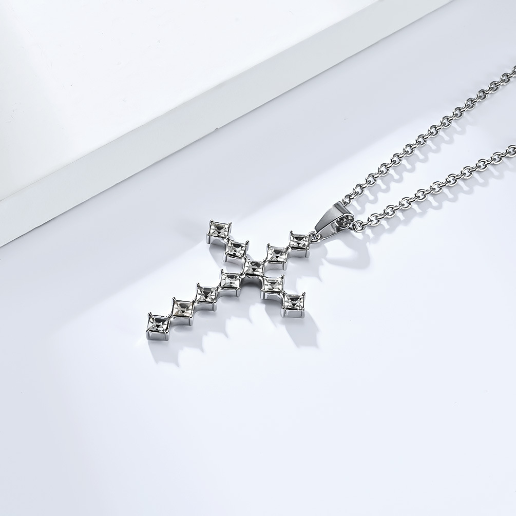 Kemstone Square Cubic Zirconia Cross Pendant Necklace for Men Stainless Steel K-PT502