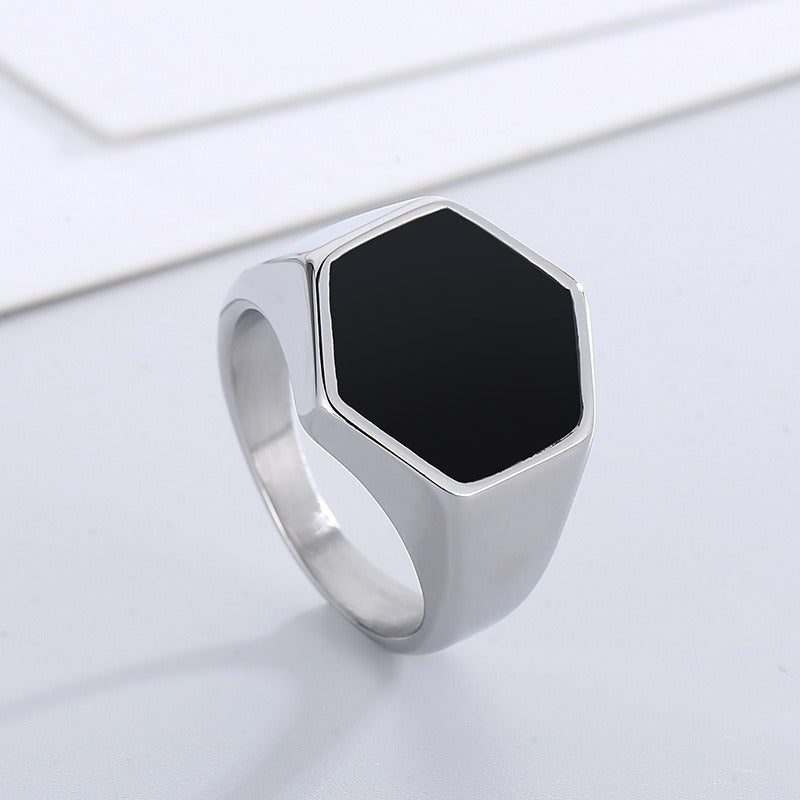 Kemstone Men’s Hexagon Signet Ring – Stainless Steel Black Epoxy Resin Inlay | Gothic Minimalist Jewelry KR105856-KFC