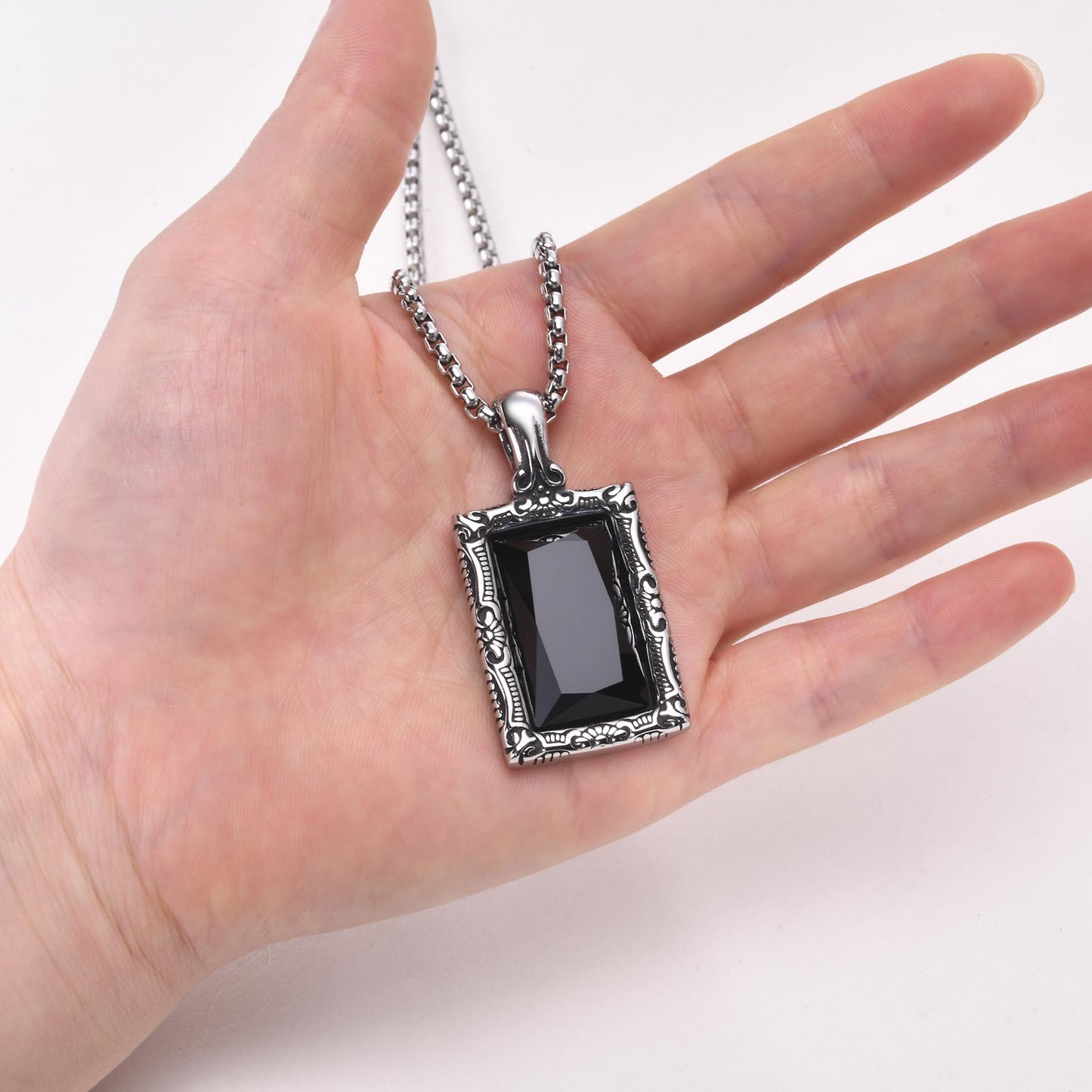 Kemstone Stainless Steel Black Glass Square Pendant Necklace for Men – Vintage Ornate Frame PN-1907