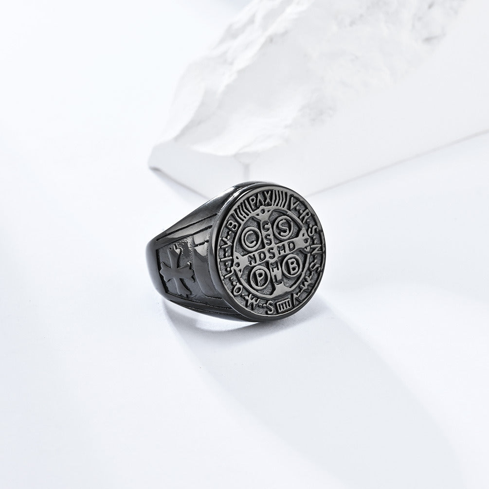 Kemstone Gothic Exorcist Ring – Vintage Stainless Steel Saint Benedict Cross Band for Men | Punk Streetwear Style