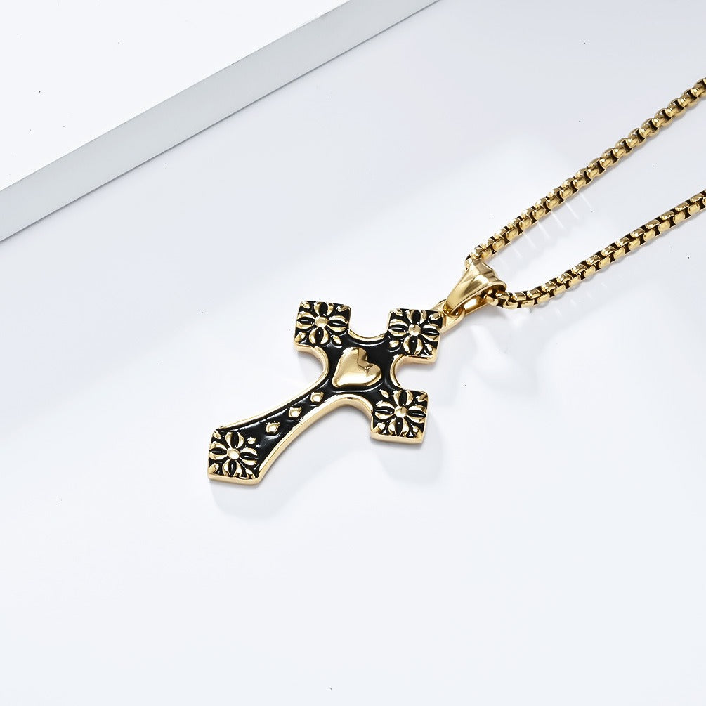 Kemstone Stainless Steel Heart Cross Pendant Necklace for Men Vintage Black Silver K-PT568