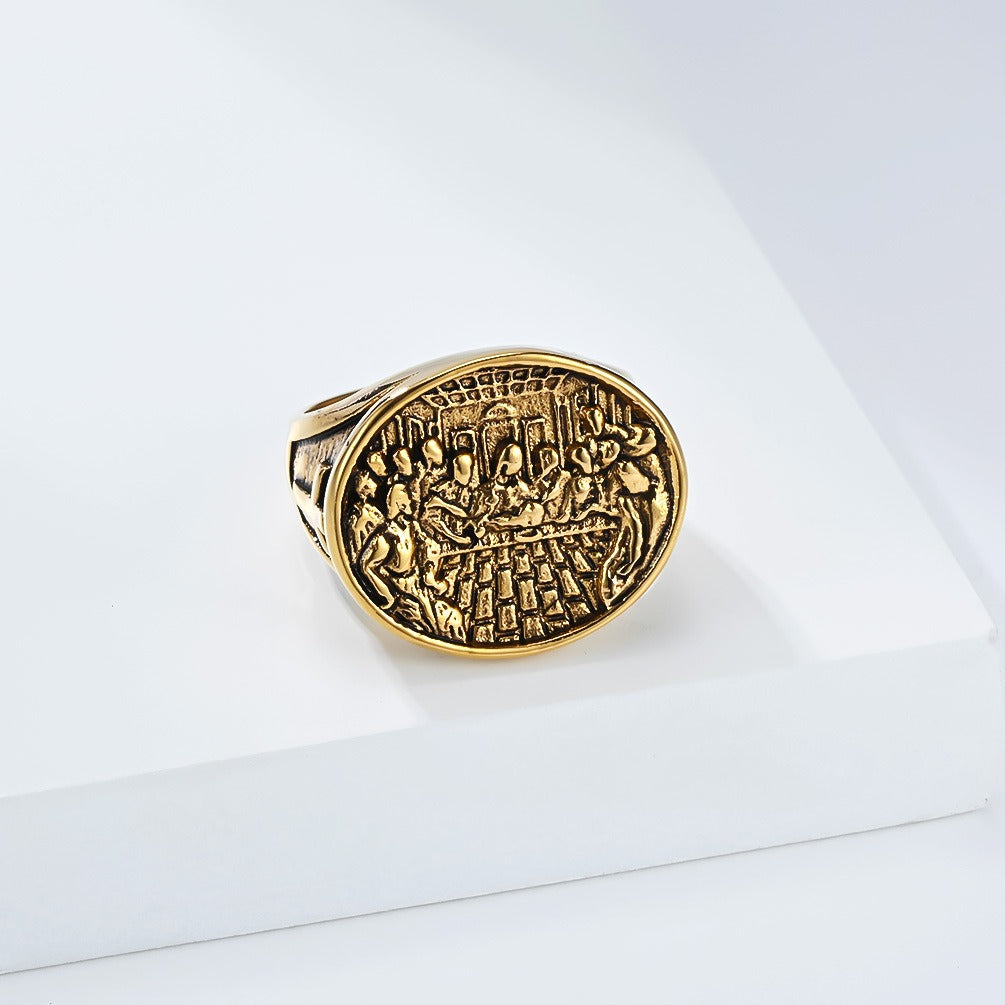 Kemstone Stainless Steel Last Supper Ring for Men – Vintage Cross Symbol Band K-R1085