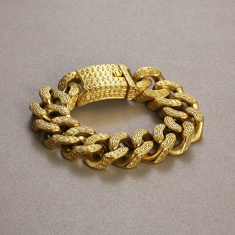 Kemstone Trident Textured Curb Chain Bracelet – Heavy Stainless Steel Viking Punk Streetwear KB179929