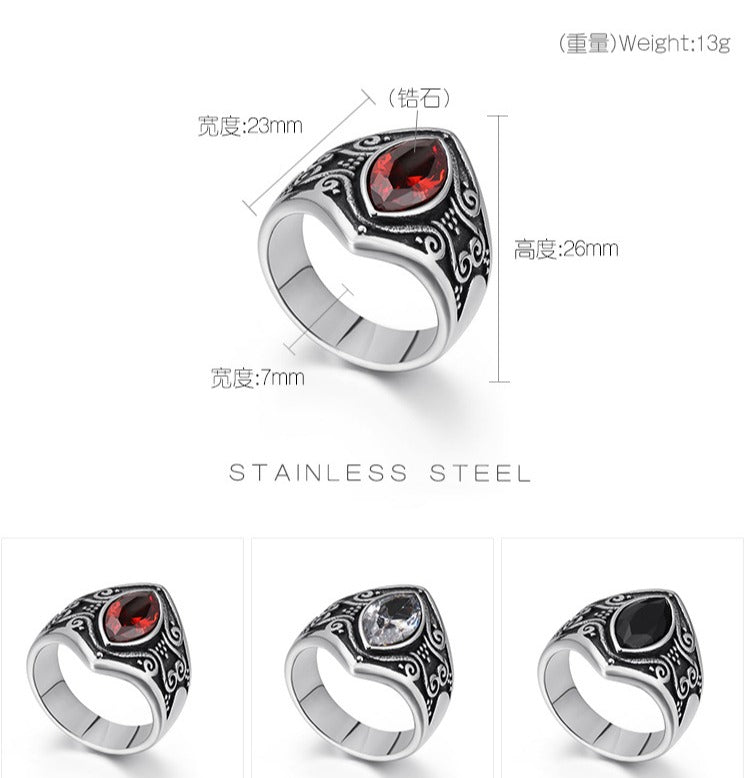 Kemstone Gothic Stainless Steel Signet Ring – Ornate Crystal Inlay Red Black White KR82457