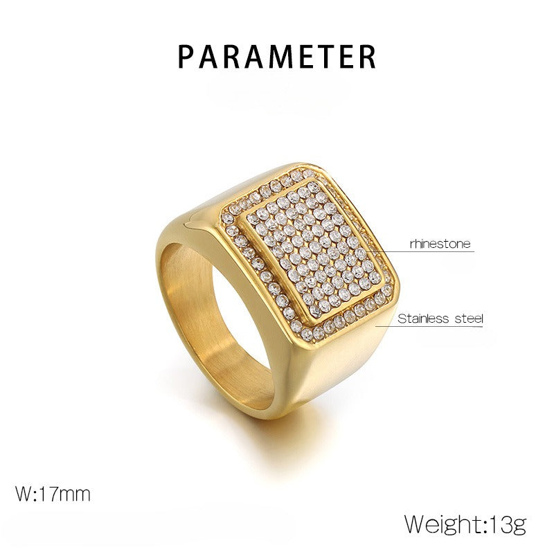 Anillo de estilo hip hop cuadrado Kemstone - Diseño llamativo de cristal tallado a mano, joyería de acero de titanio para hombre con un toque urbano y presencia escénica KR111021-MZO