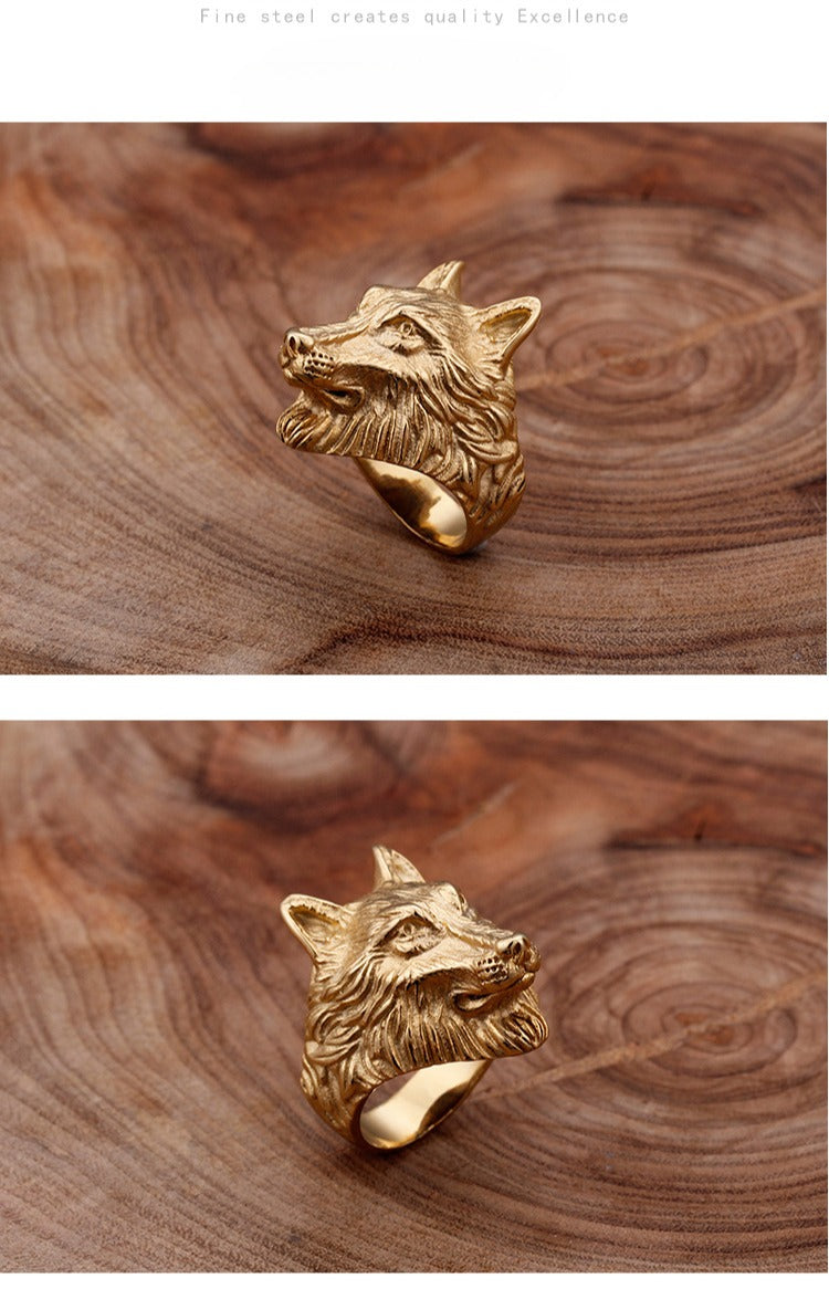 Kemstone Wolf Head Ring for Men – 18K Gold Plated Stainless Steel Gothic Norse Power KR48276-K