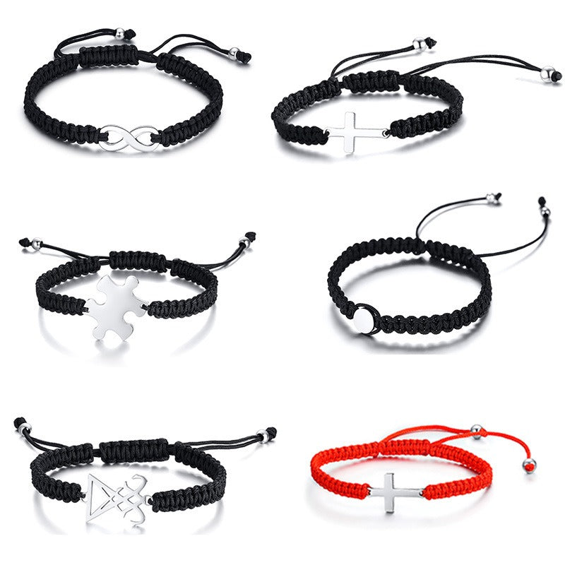 Kemstone Adjustable Ankh Cross Bracelet – Titanium Steel & Red Black Nylon Rope Men & Women BR525