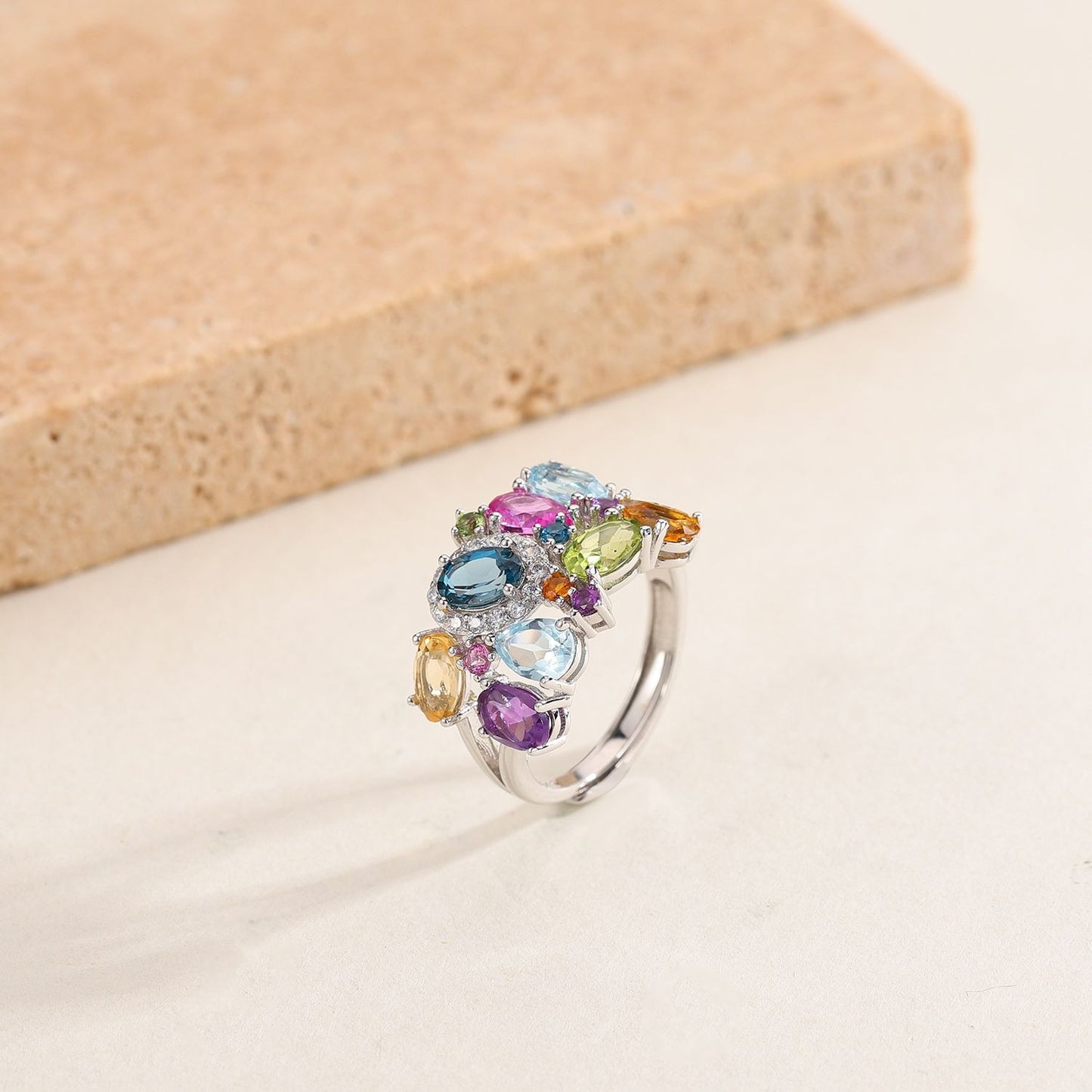 Anillo abierto de piedra preciosa natural colorida, diseño original, hecho a mano, de Kemstone, joyería de plata de ley para mujer, K231103R