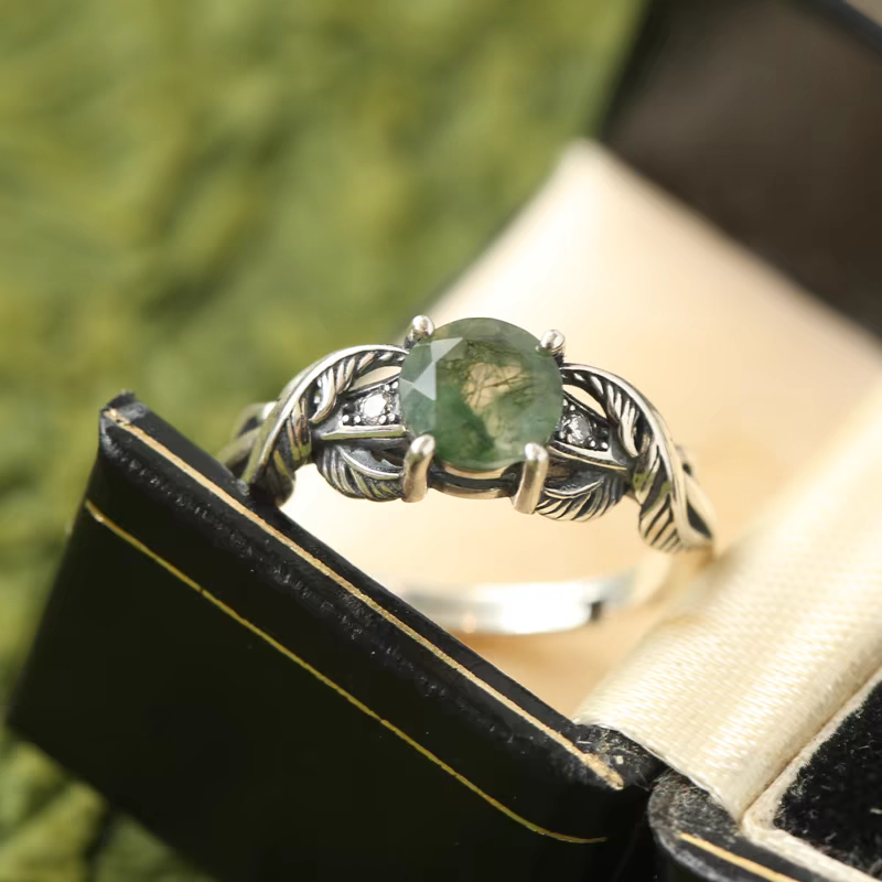 Kemstone Watergrass Ghost Ring – Moss Agate Adjustable Open Ring in Vintage 925 Sterling Silver with CZ Accents