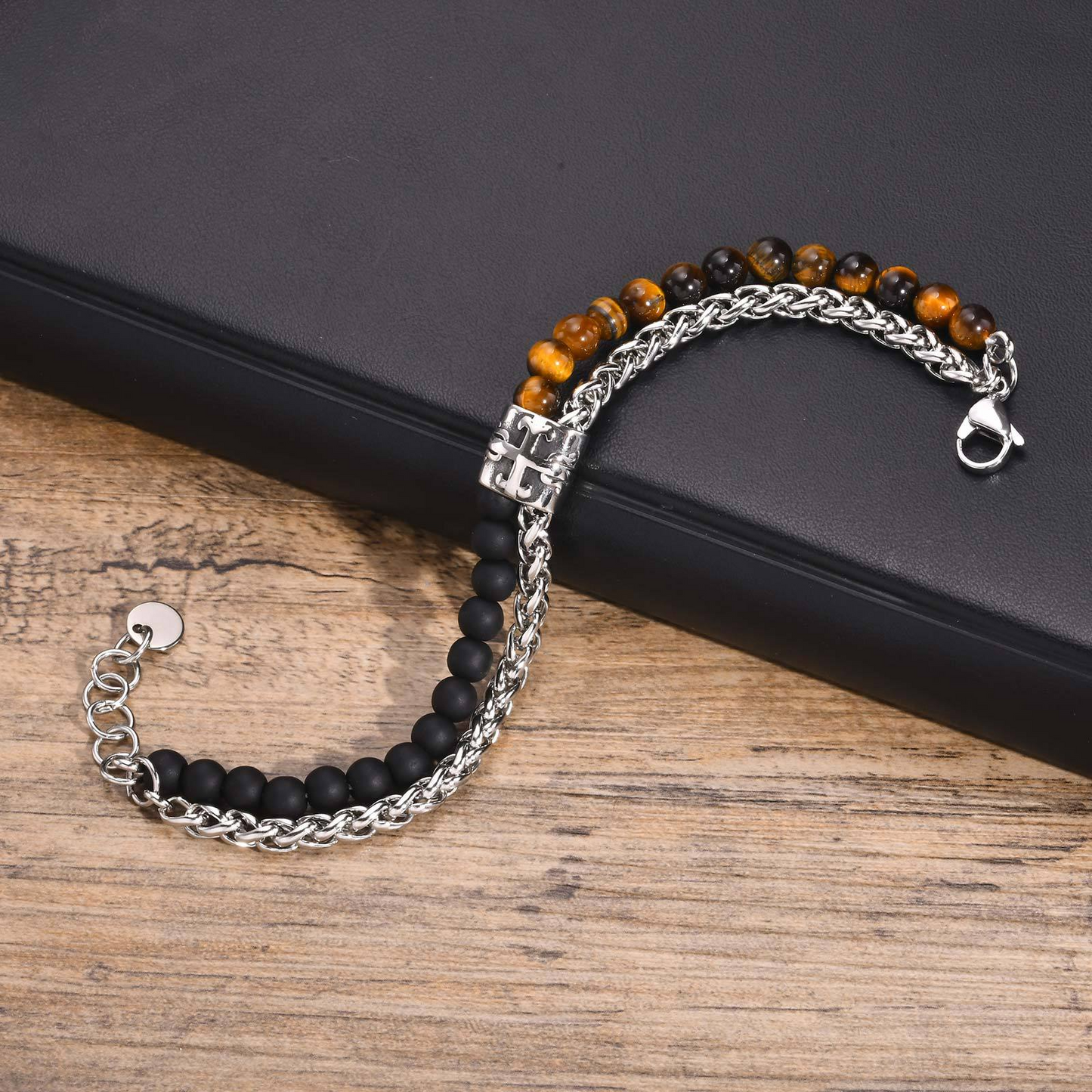 Kemstone Stainless Steel Double Layer Cross Beaded Bracelet for Men – Tiger Eye & Black Agate BR-1902