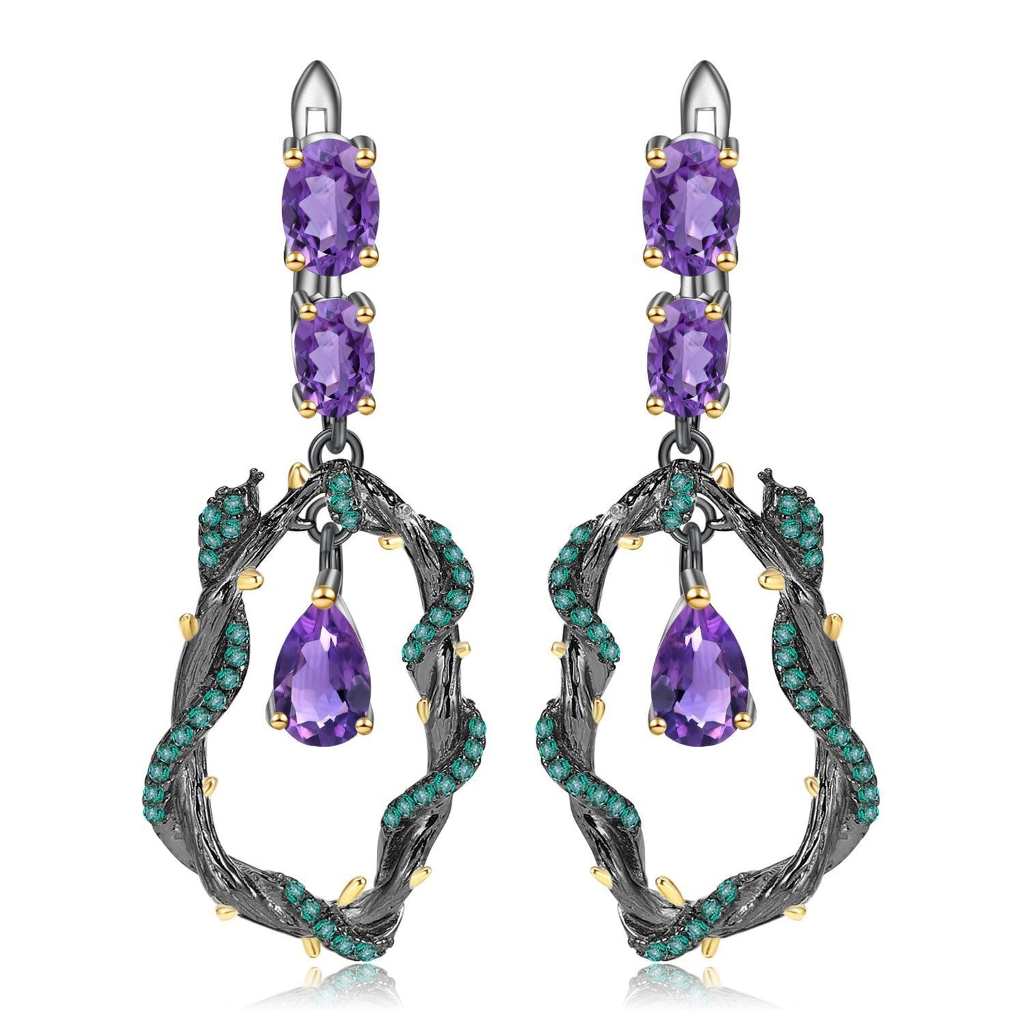 Pendientes colgantes de amatista natural de la serie Whispering Gems, diseño original artesanal de Kemstone, en plata de ley 925.