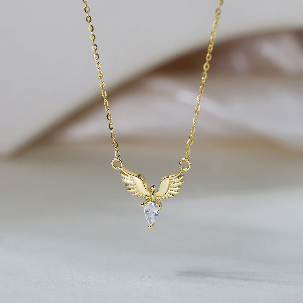 Kemstone S925 Sterling Silver Angel Wing Necklace for Women – Dainty Wing Pendant Clavicle Chain, Silver & Gold A4-APN54