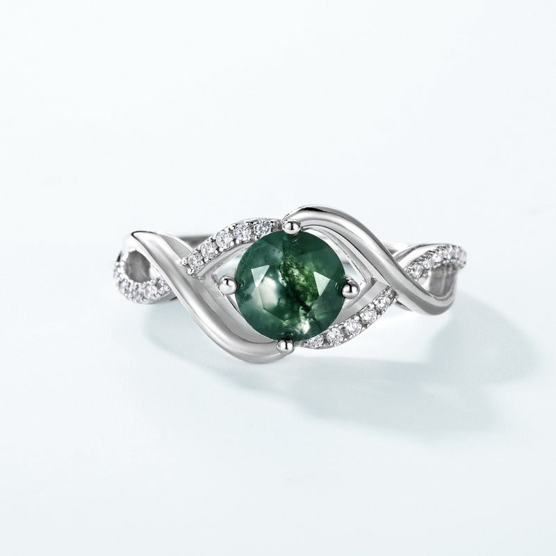 Anillo de ágata musgosa con ondas elegantes, diseño original artesanal de Kemstone - Plata de ley 925 de lujo con baño de platino