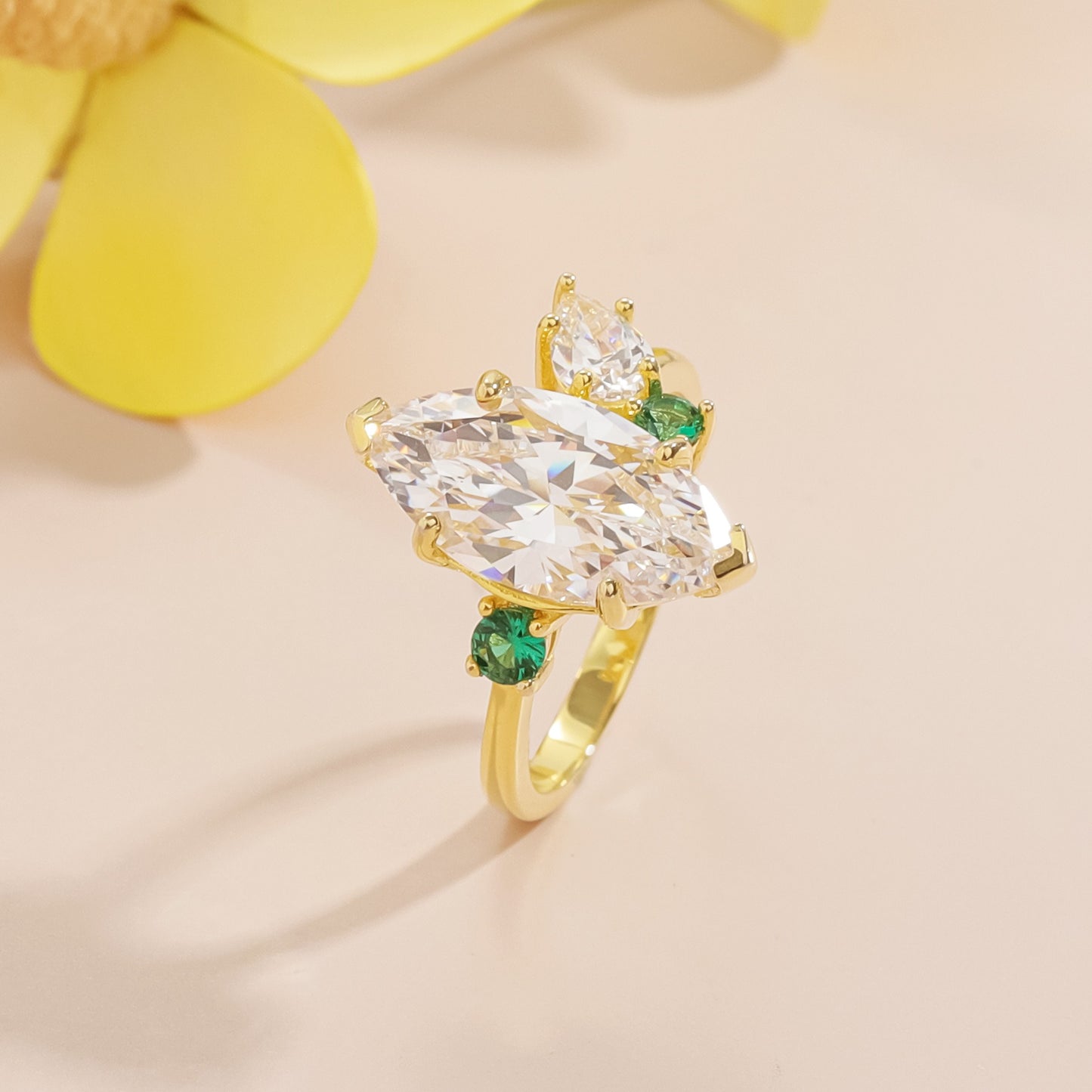 Kemstone 3-Carat Marquise Moissanite Ring – Asymmetric Design, 925 Sterling Silver Gold Plated T7-OL1143R