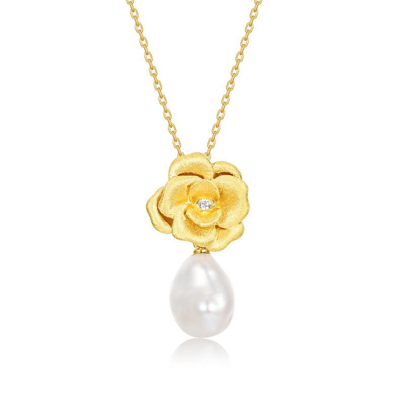 Kemstone Vintage Baroque Pearl Pendant Necklace – 925 Silver 10K Gold Camellia Flower Jewelry for Women