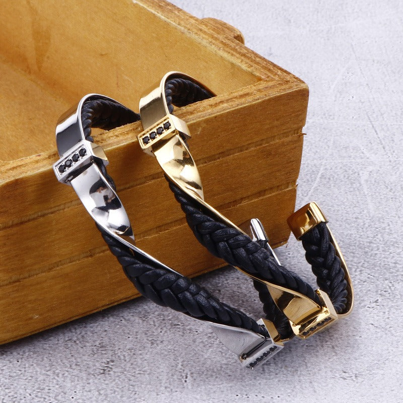 Kemstone Men’s Open Cuff Leather Bracelet – Braided Leather & Stainless Steel with Black Zircon | KB117781-KFC