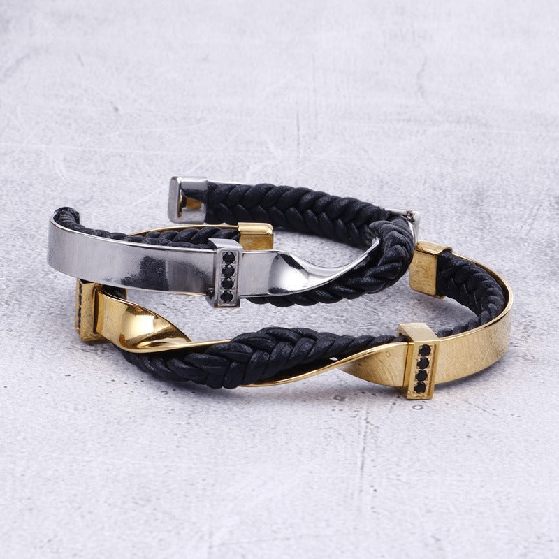 Kemstone Men’s Open Cuff Leather Bracelet – Braided Leather & Stainless Steel with Black Zircon | KB117781-KFC