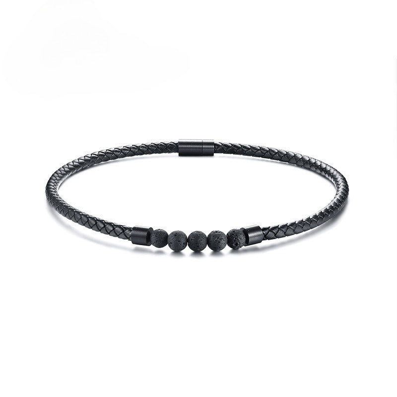 Kemstone Men’s Black Leather Choker Necklace – Lava Stone Beads & Magnetic Steel Clasp, Viking Style NC441